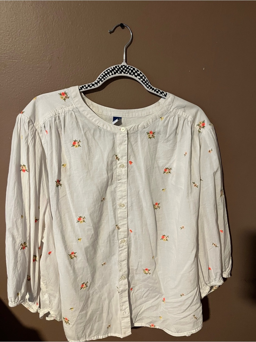 Old Navy White Floral Button-Up Blouse with Pink & Green Embroidery